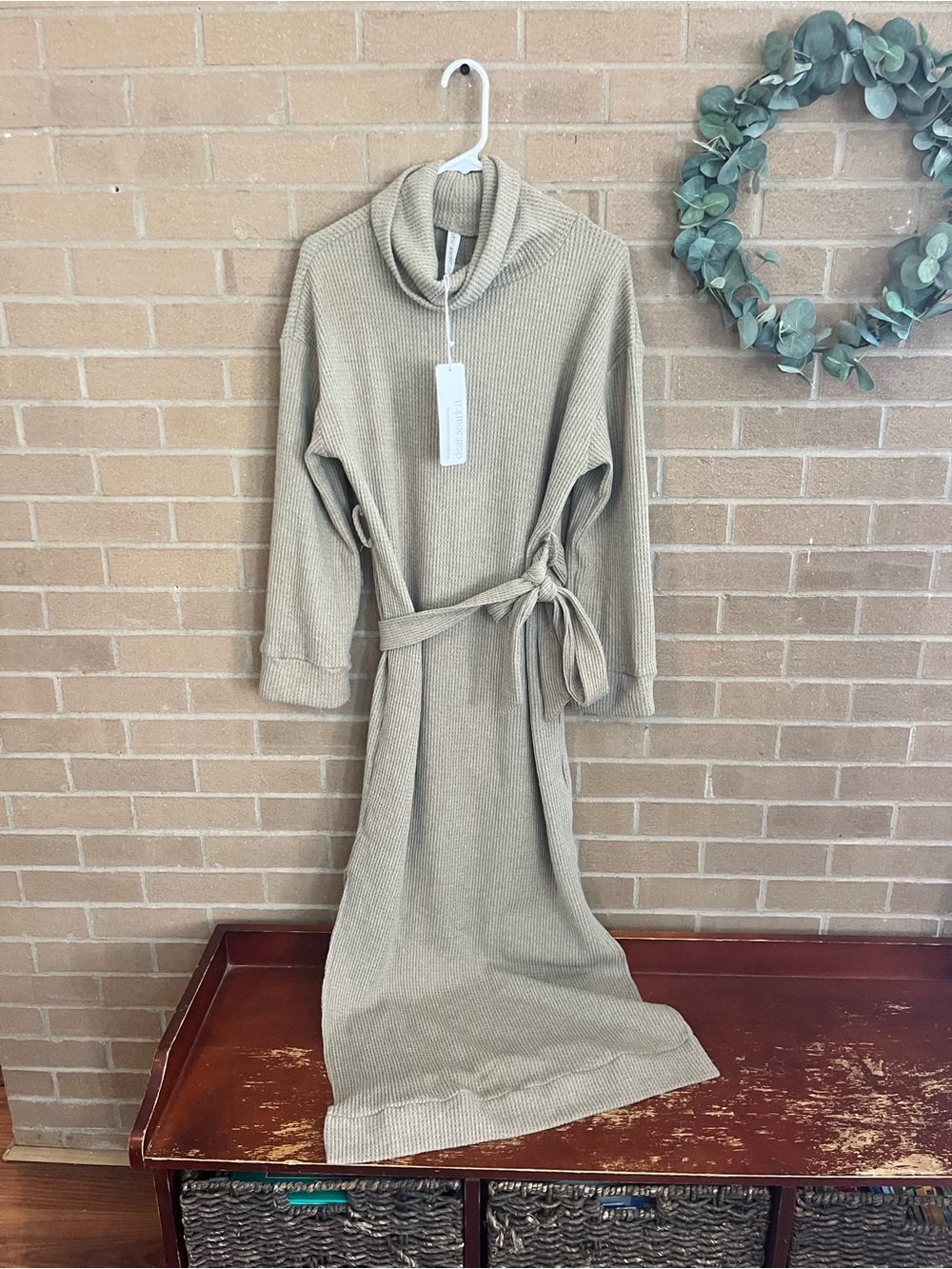 Turtleneck Belted Maxi Dress in Neutral Beige - Picture 2 of 5
